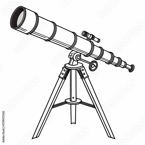 Detailed illustration of a classic telescope on a tripod, , ideal for astronomy projects, educational resources, and designs related to space exploration