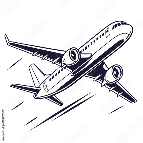 Dynamic illustration of a modern passenger airplane in flight with motion lines, symbolizes speed, travel, and technological advancement