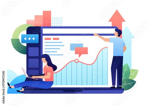 business graph with laptop A woman working at a laptop and a man pointing at a rising graph, on a light background with red and blue elements