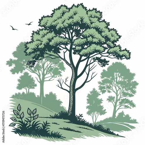 Illustration of a group of trees on a hill, capturing the beauty of nature and the importance of preserving our forests