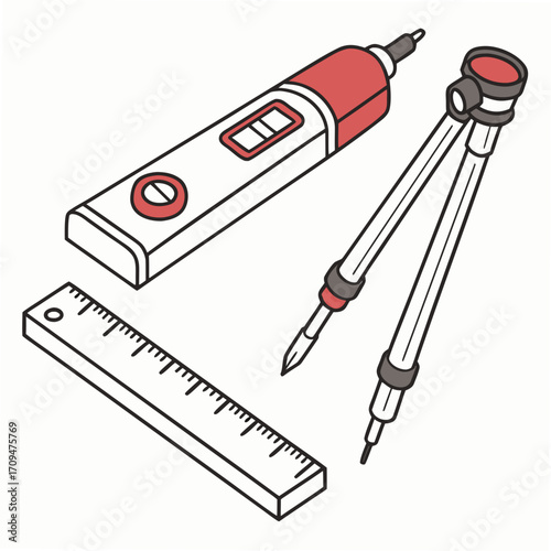 Illustration of a set of tools, including a digital multimeter, a divider, and a ruler, essential for electronics, measurement, and precise tasks
