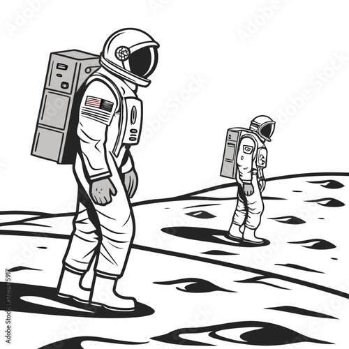 Illustration of two astronauts walking on the moon with craters and an american flag on one suit
