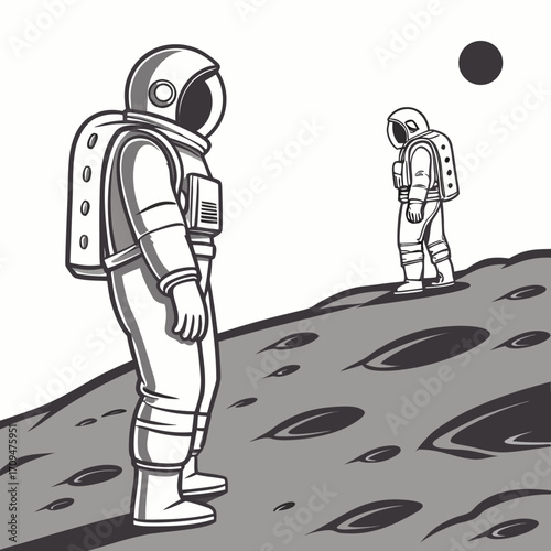 Illustration of two astronauts standing on the moon with a black planet in the background