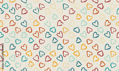 Pattern of colorful grunge hearts with distressed texture, retro romantic design for love theme, valentine decoration, and creative background.