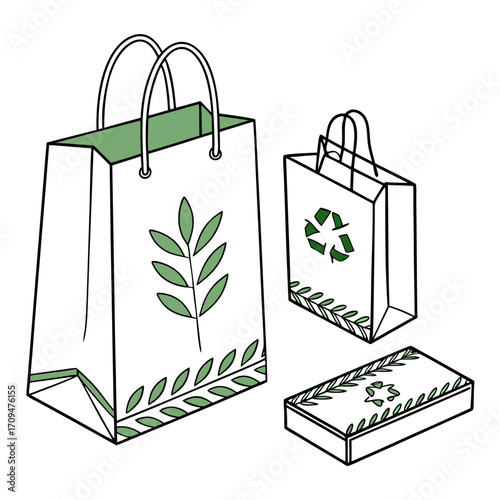 Sustainable shopping, a set of ecofriendly paper bags and a box, adorned with green leaf and recycle symbols for a conscious lifestyle