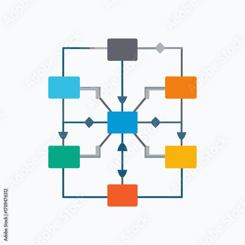 Business vector illustration of a data flow process, showing interconnected blocks in a network