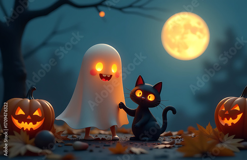 shot whimsical cartoon ghost black cat standing together beneath glowing soft ethereal light