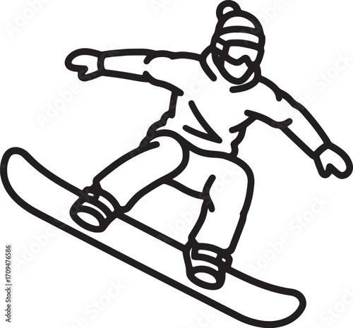 Snowboarder in action, wearing winter gear, on white background, line art style, winter sports illustration