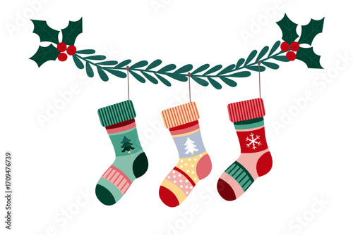 Christmas vector illustration with festive stockings hanging on holly branch. Socks with tree and snowflake ornaments, dots pattern. Greeting card with colorful socks