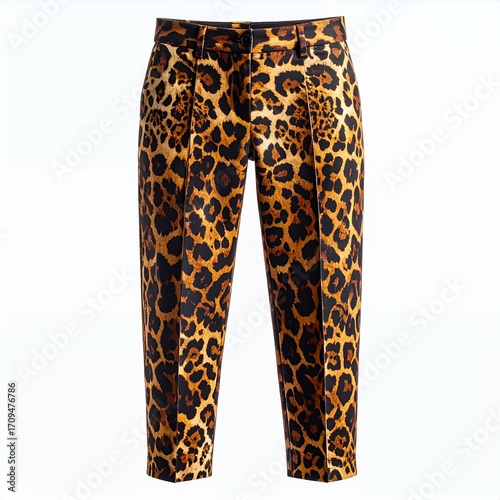 Leopard pattern pants showcased in white background studio setting for fashion look