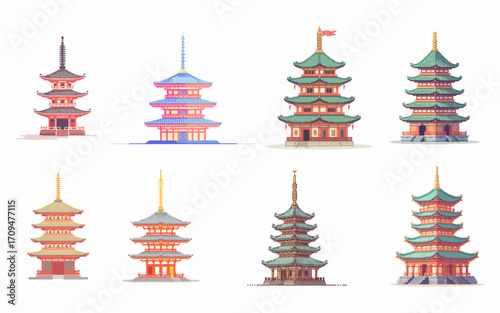 Pixel Art Set of Japanese Pagodas and Colorful Temple Landmarks