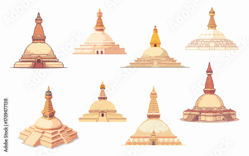 Pixel Art Collection of Golden Stupa Temples and Sacred Monuments