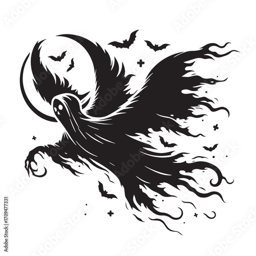 Black Ghost Flying Silhouette Vector Illustration design, Solid White Background