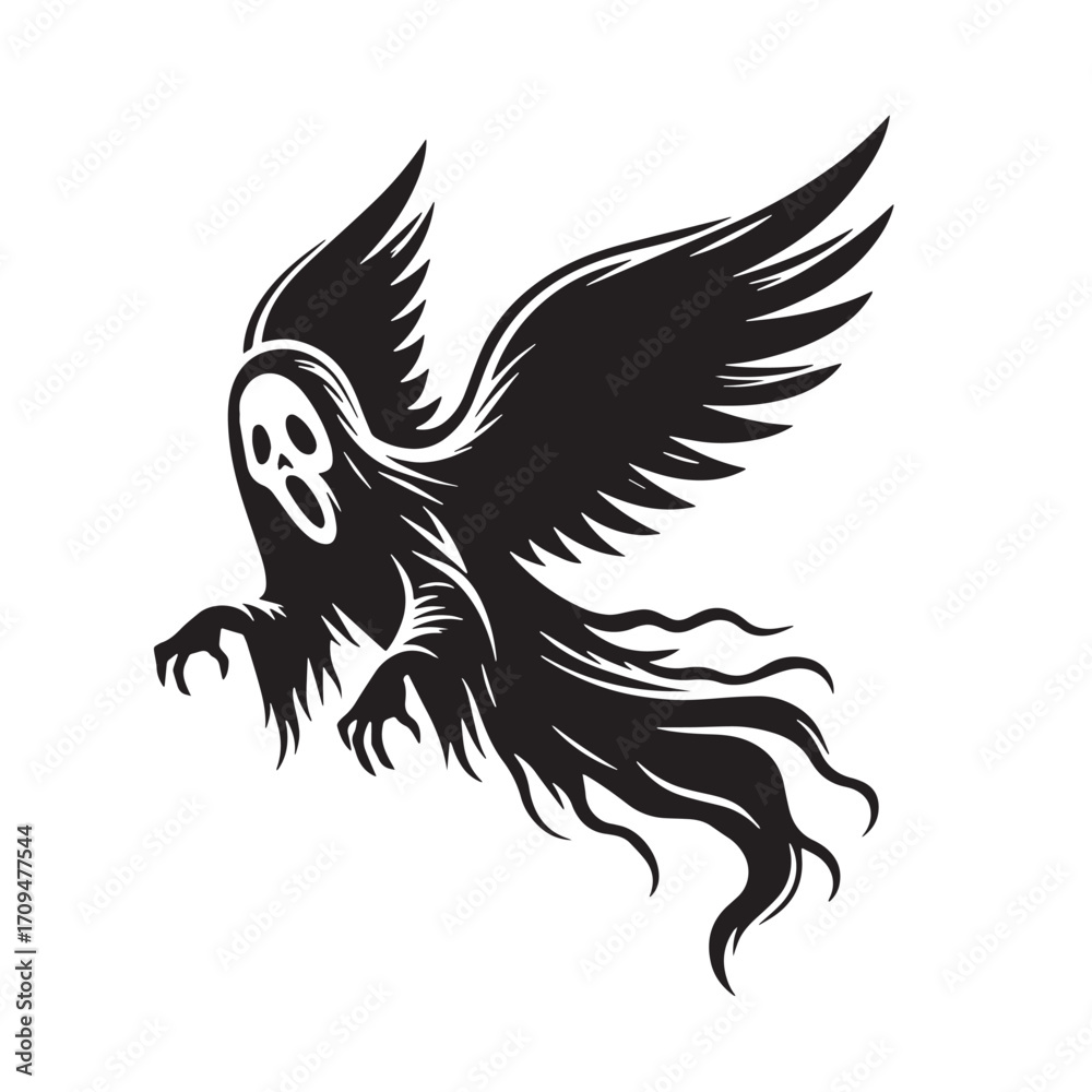 Obraz premium Black Ghost Flying Silhouette Vector Illustration design, Solid White Background