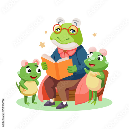 grandfather frog reading story to grandchildren illustration on a transparent background