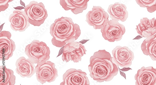 Watercolor Pink Roses Seamless Pattern on White Background.