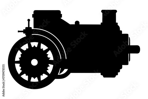 Silhouette of vintage steam tractor on on transparent background