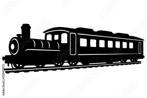 Black silhouette of a vintage steam train on tracks on transparent background