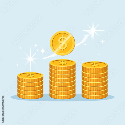 Stacks of gold coins showing financial growth and profit with an upward arrow, a successful investment business vector illustration