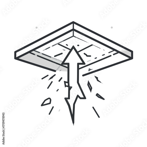 Abstract business vector illustration of a broken ceiling with an arrow pointing upwards, representing breakthrough and growth