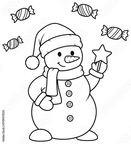 Snowman vector illustration of a smiling winter figure with hat scarf and carrot nose holding a festive star wand with candies floating around