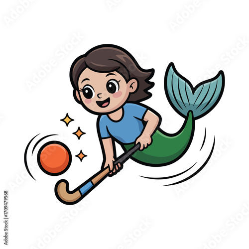 Cute little mermaid cartoon character playing field hockey