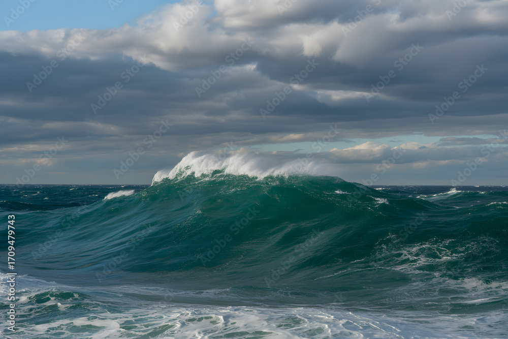 Naklejka premium Wave Majesty: Witness the raw power and breathtaking beauty of the ocean as a magnificent wave crashes with dynamic force, showcasing the artistry of the ocean.