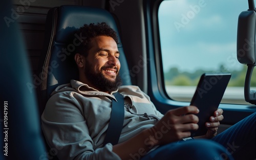 Smiling interracial lorry driver lying down in sleeping cabin, relaxing and looking at tablet. High quality