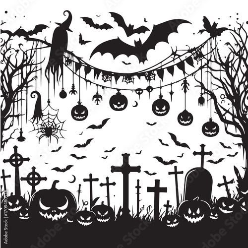 Black Halloween Banner Silhouette Vector Illustration design, Solid White Background