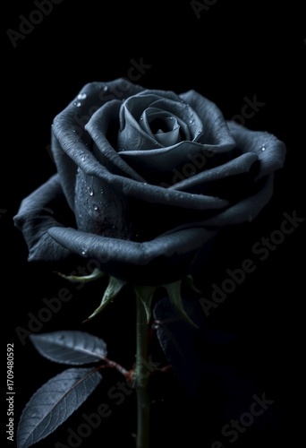 Black rose with drops of water on a black background. Creative romantic love and passion concept. dark and spooky cult aesthetic. Floral Halloween or Santa Muerte idea.