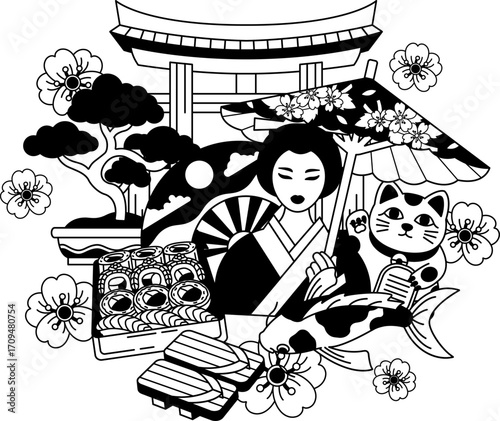 black and white A woman holding an umbrella standing in front of torii gate with Japan elements