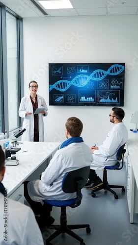 A scientist laboratory research teamwork dna presentation technology analysis modern innovation professional medical healthcare data education