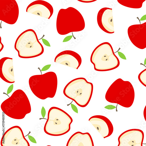 Seamless red apple pattern on transparent, featuring whole fruits, halves, and wedges. This pattern can be used for wallpaper, packaging design, fashion, art, prints, and so on.