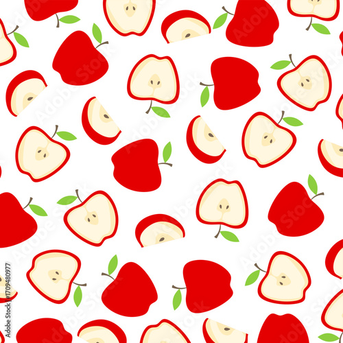 Seamless red apple pattern on transparent, featuring whole fruits, halves, and wedges. This pattern can be used for wallpaper, packaging design, fashion, art, prints, and so on.