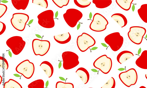 Red Fruit Seamless Pattern on transparent. Red apple seamless vector background featuring whole fruits and slices