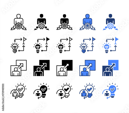 Transition, Realization, Exploration, Innovation, multiple style icon set.