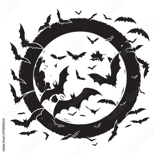 Black Full Moon with Bats Silhouette Vector Illustration design, Solid White Background