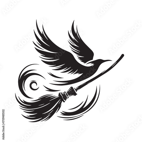 Black Flying Broomstick Silhouette Vector Illustration design, Solid White Background