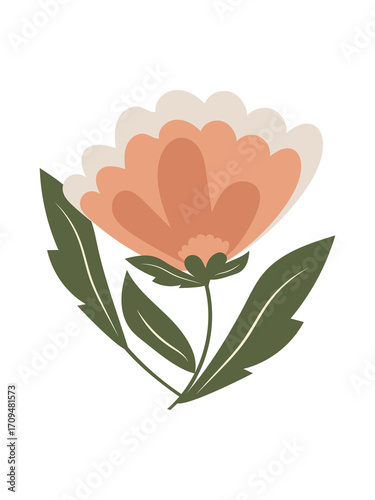 Beautiful pink flower on a stem with leaves isolated on a white background. 