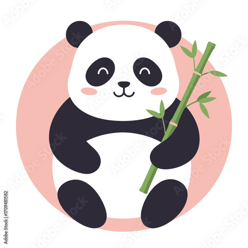 A black and white panda sitting while chewing green bamboo sticks.