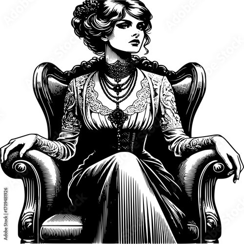 Elegant Woman in a Vintage Armchair: A finely illustrated monochrome image captures a woman of a bygone era, radiating poise and sophistication while seated in a richly detailed armchair.