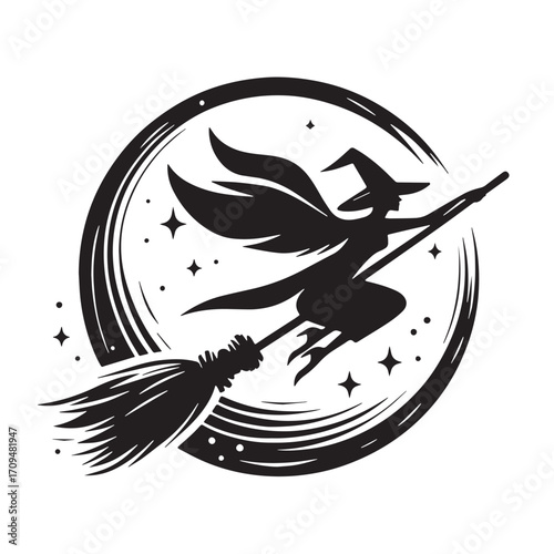 Black Flying Broomstick Silhouette Vector Illustration design, Solid White Background