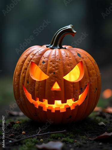 weathered halloween pumpkin intricate asymmetrical carvings set dark misty background warm