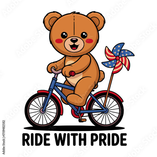 Ride with pride bear vector illustration, patriotic bicycle cartoon design, cheerful independence celebration art, festive holiday graphics, liberty themed elements