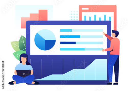 Customer services vector graphics A screen displaying colorful charts, with a person interacting, and a blue color scheme