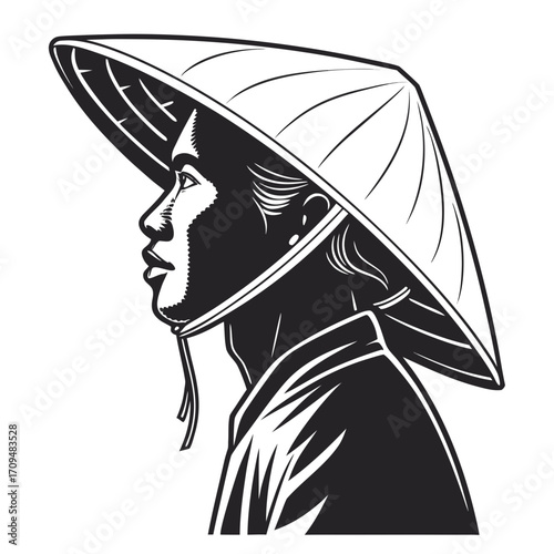 Profile of a person wearing a conical hat silhouette isolated on white background
