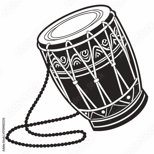 Indian dholak drum silhouette isolated on white background