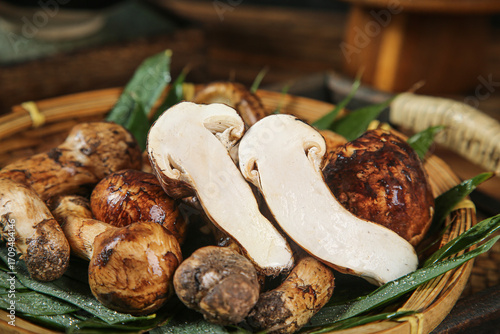 Fresh Wild Matsutake Mushrooms from Yunnan in Traditional Bamboo Basket Display