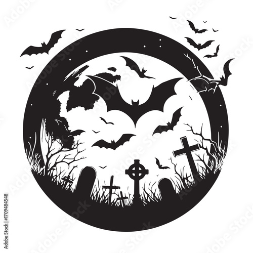 Black Full Moon with Bats Silhouette Vector Illustration design, Solid White Background