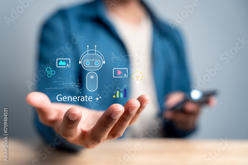 Fotografie AI bot generation content creation, video, image, data, and innovation